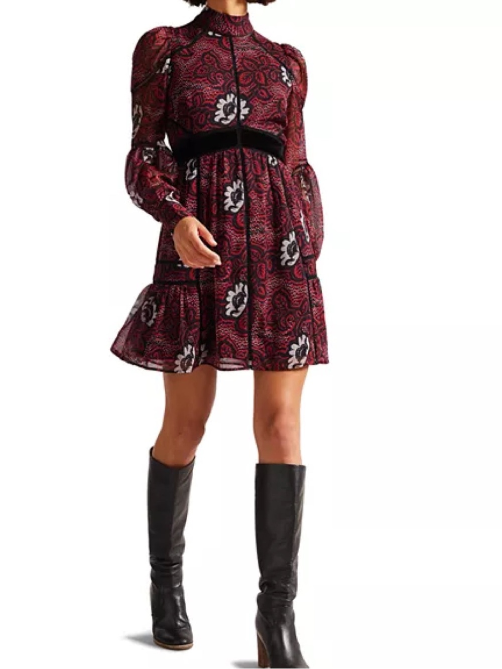 Ted Baker Coriey Ladder Trim Floral Paisley Fit-and-Flare Mini Dress in Burgundy